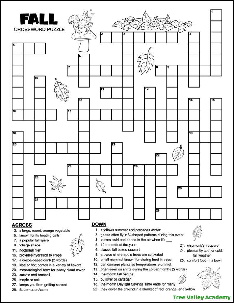 fall crossword puzzle for middle school - tree valley academy